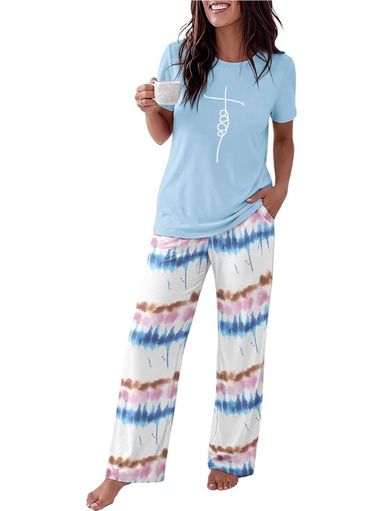 Other - Women's Ombre Blue Round Neck Short Sleeve Sleepwear 2 Piece Pajama Set